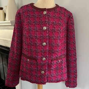 Tweed blazer by G. By Giuliana in pink & purple weave with faux leather details